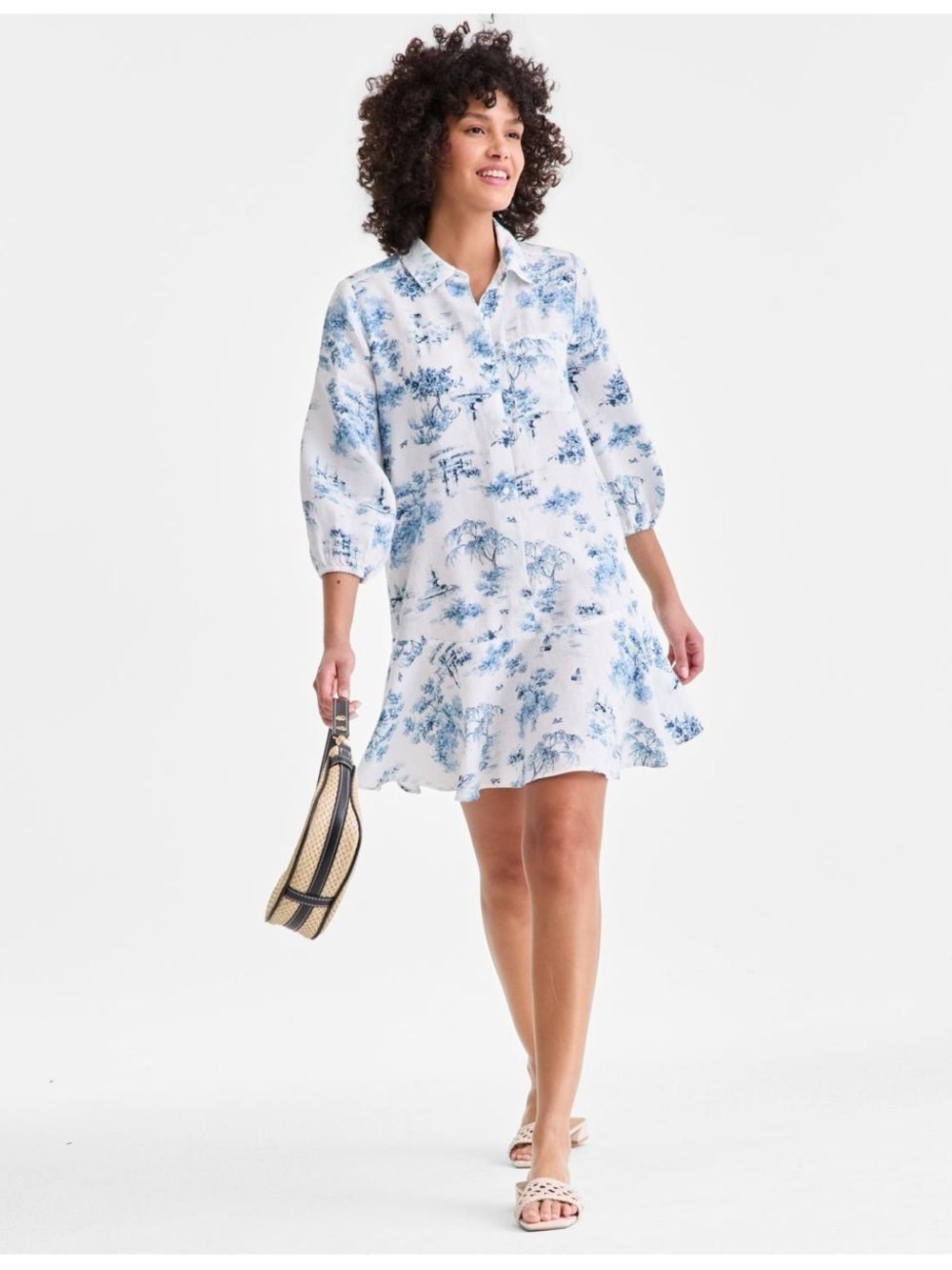 NWT Charter Club Women's Blue 100% Linen Print Button-front 3/4-sleeve Dress